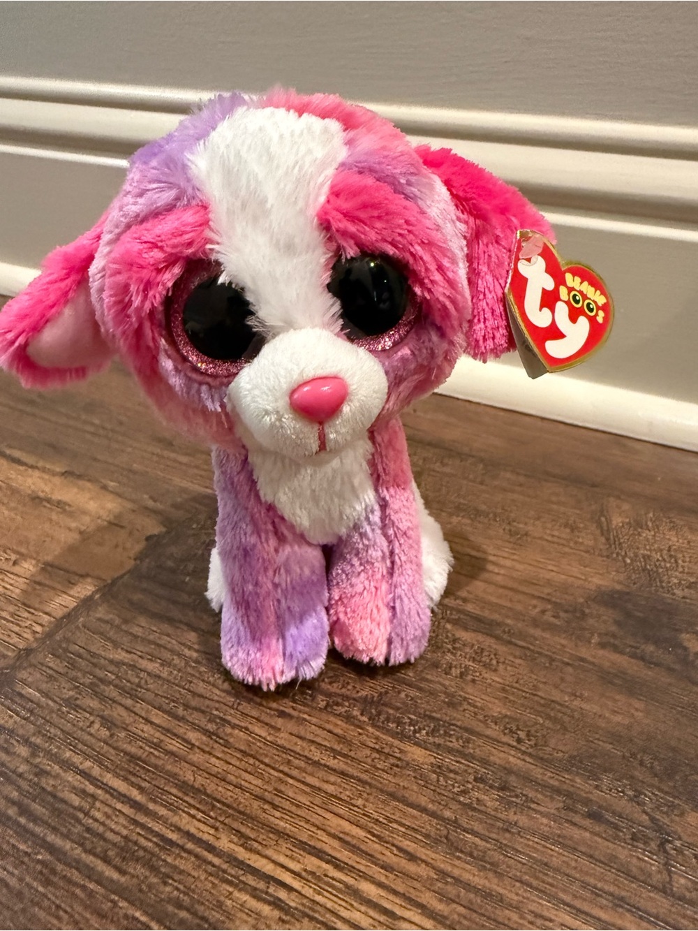 Ty Pink, Purple & White Plush Puppy Beanie Boo-style - Sherbert